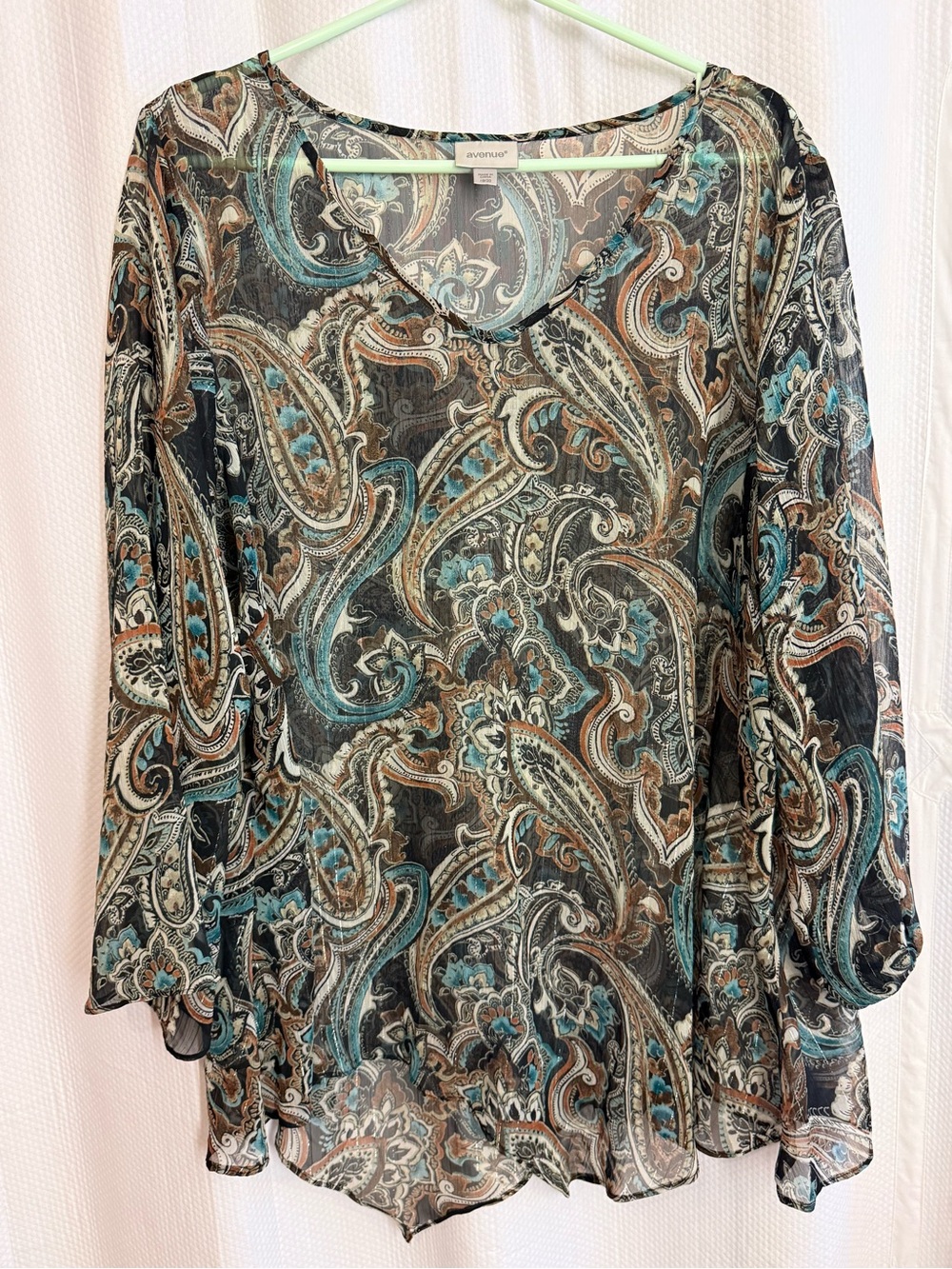 Avenue Sheer Paisley Blouse in Teal and Brown